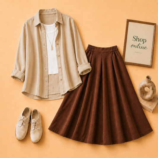 BEIGE BUTTON SHIRT WITH WHITE TANKTOP AND BROWN TWILL SKIRT