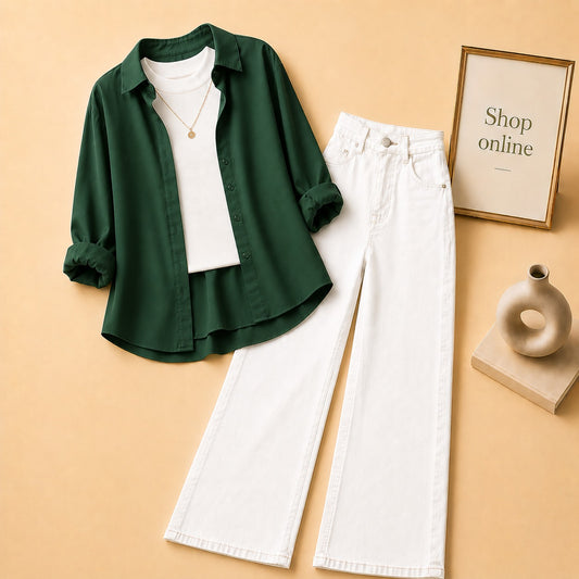 BOTTLE GREEN BUTTON SHIRT WITH WHITE TANKTOP AND WHITE WIDE LEG JEANS (3PCS)