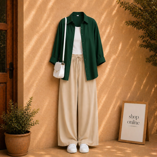 BOTTLE GREEN BUTTON SHIRT WITH WHITE TANKTOP AND BEIGE FLAPPER