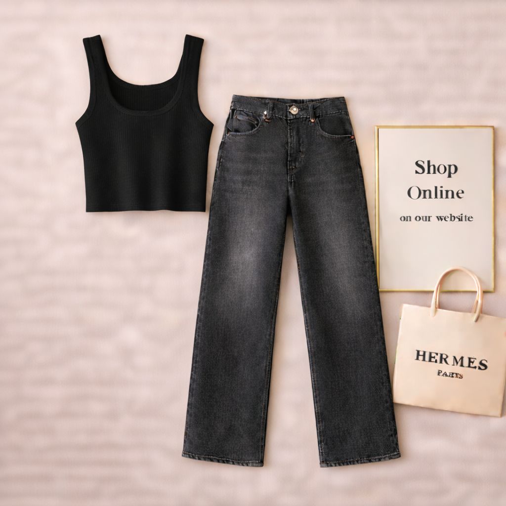 BLACK TANKTOP WITH MALAYSIAN BLACK WIDE LEG JEANS