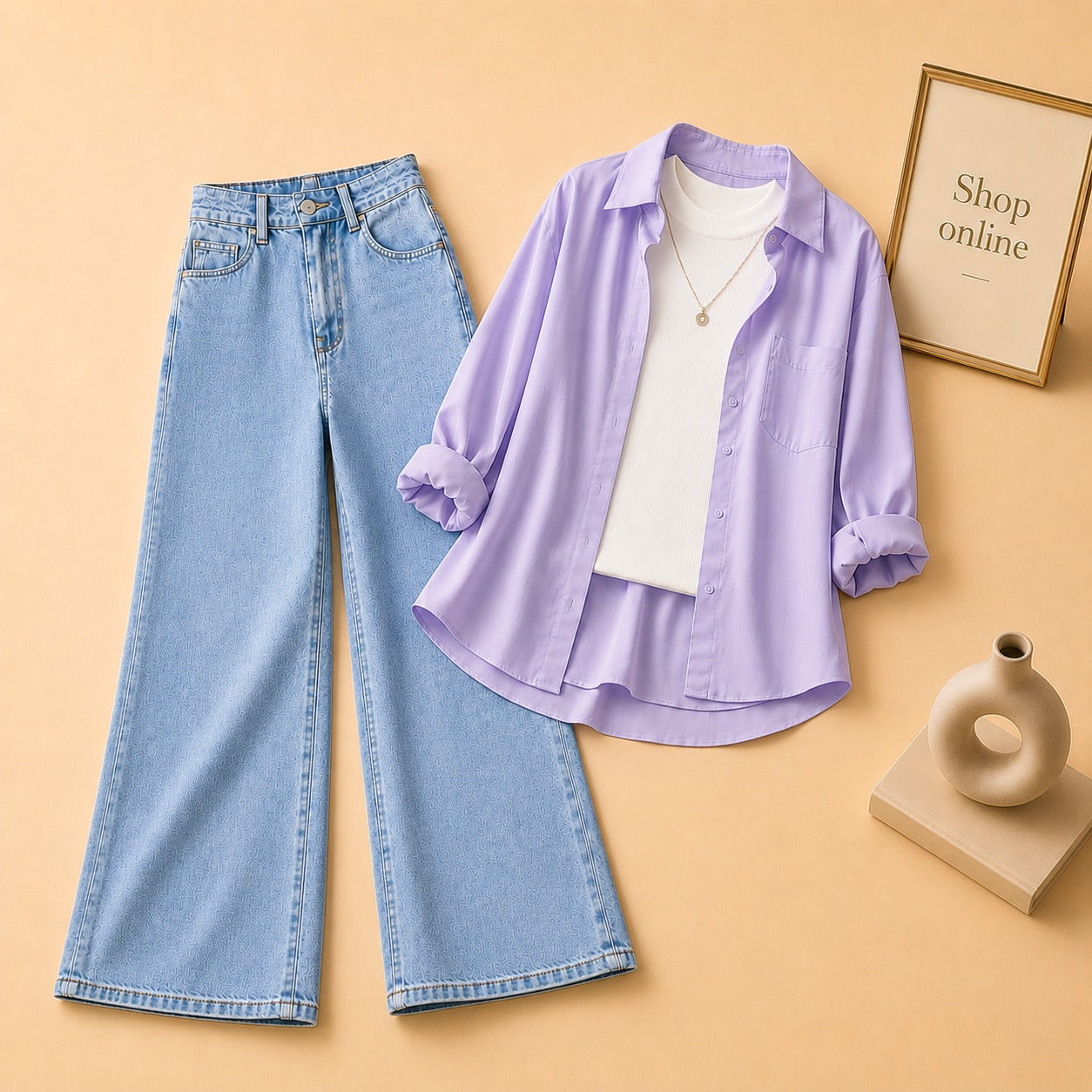 LILAC BUTTON SHIRT WITH WHITE TANKTOP AND SKY BLUE WIDE LEG JEANS (3PCS)