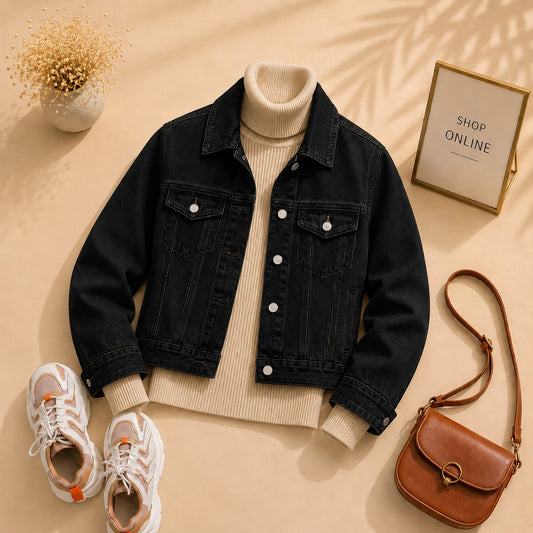 BLACK DENIM JACKET WITH BEIGE HINECK