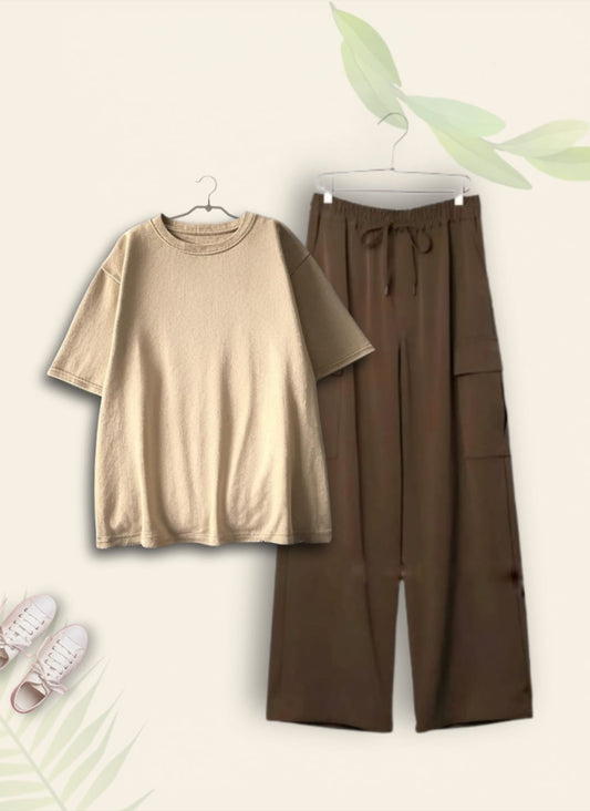 PLAIN CREAM TSHIRT WITH BROWN CARGO TROUSER