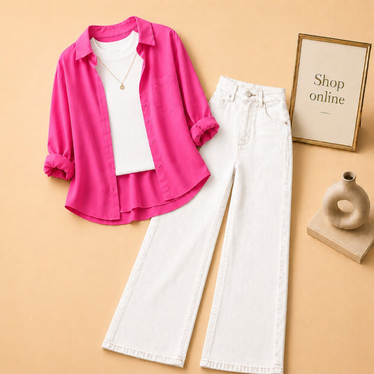 HOT PINK BUTTON SHIRT WITH WHITE TANKTOP AND WHITE WIDE LEG JEANS (3PCS)