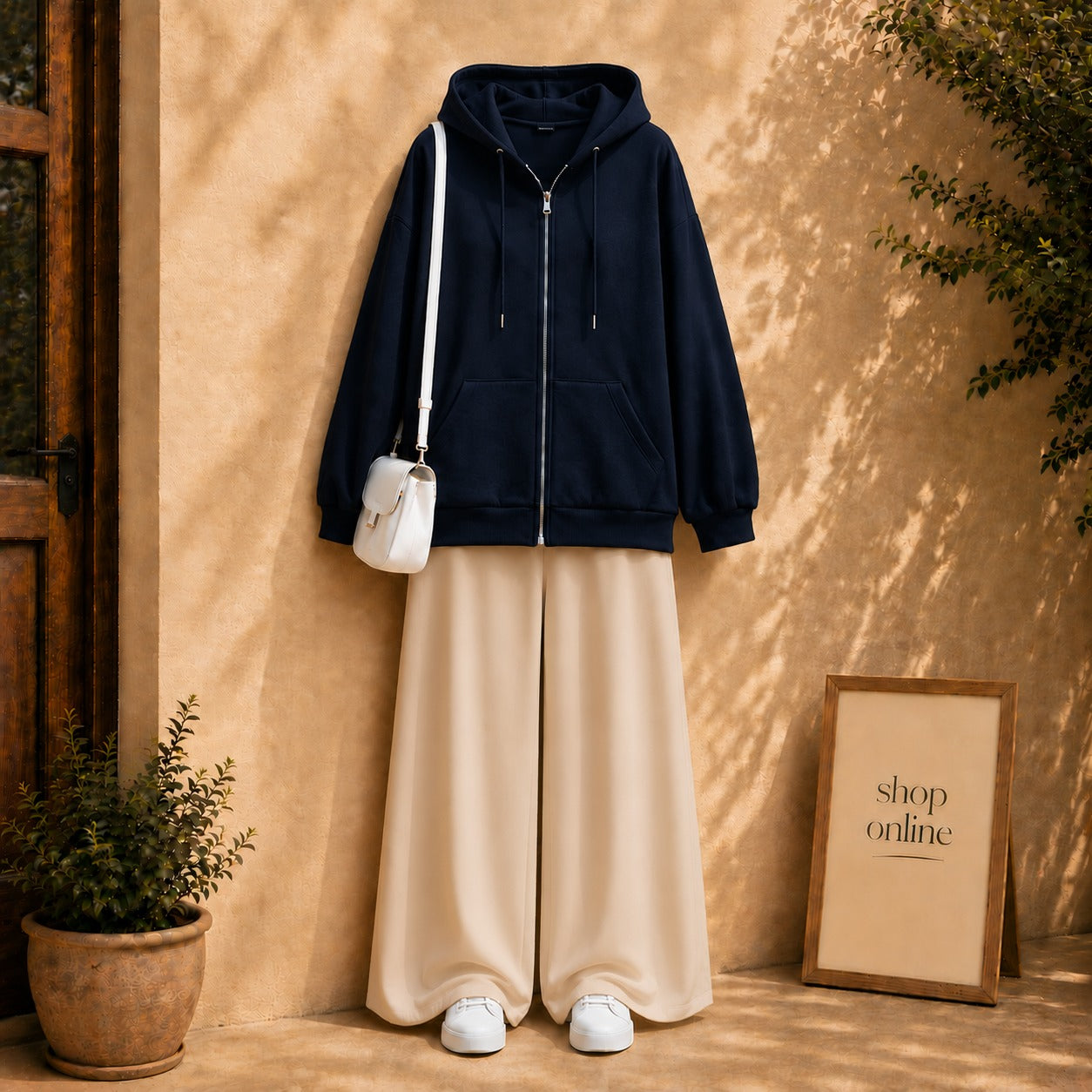 NAVY BLUE ZIPPER HOODIE WITH BEIGE FLAPPER