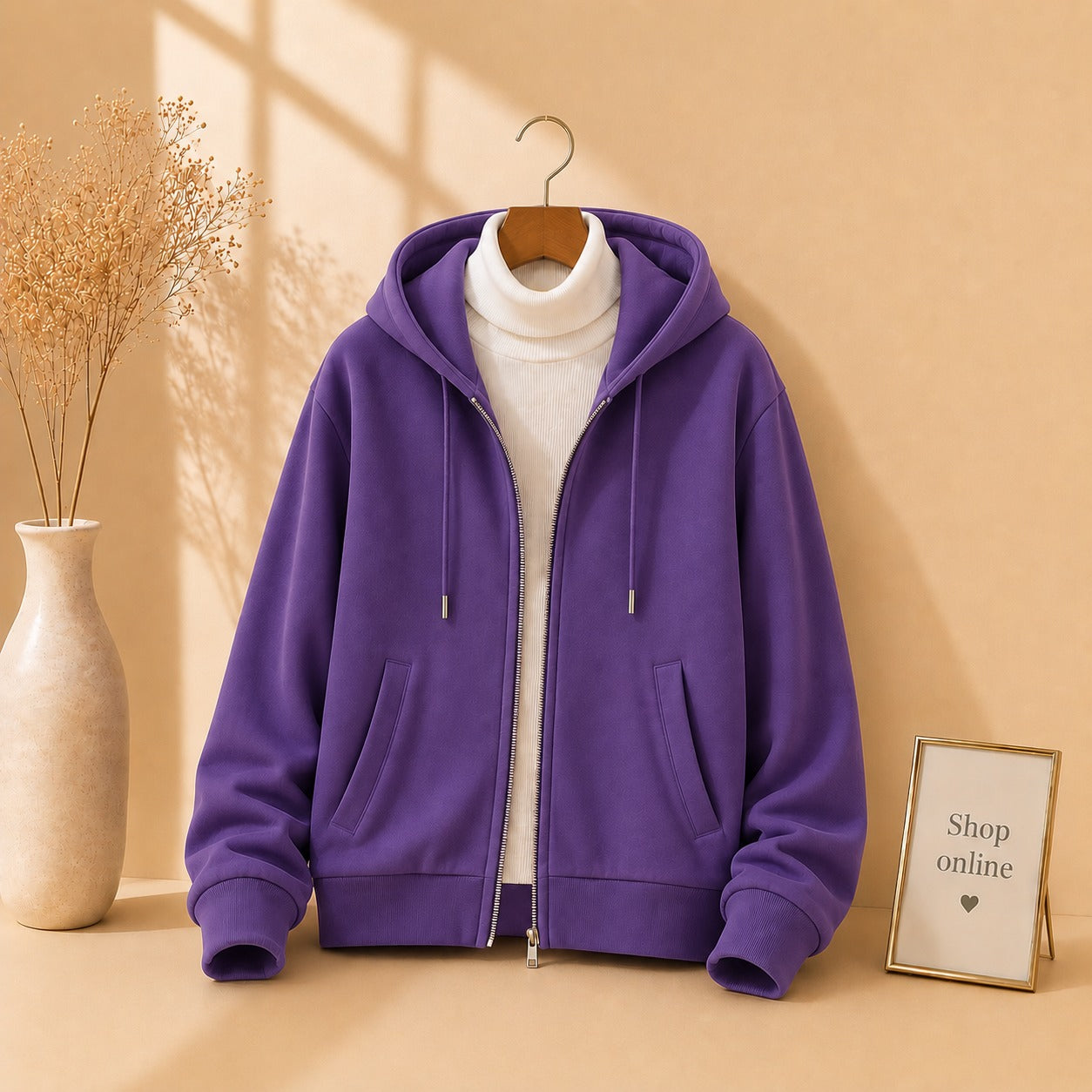 PURPLE ZIPPER HOODIE WITH WHITE HINECK