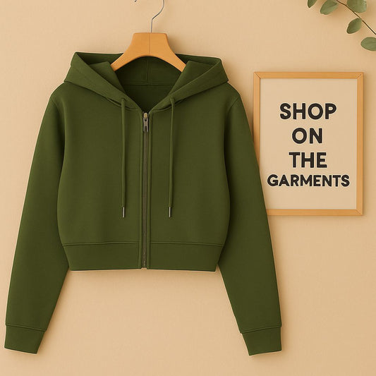 OLIVE GREEN CROP ZIPPER HOODIE