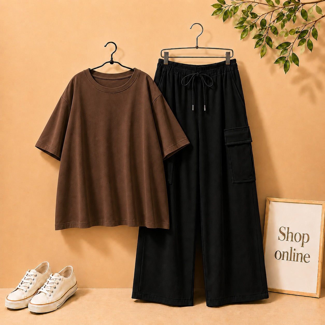 DARK BROWN DROP SHOULDER WITH BLACK CARGO TROUSER