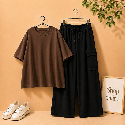 DARK BROWN DROP SHOULDER WITH BLACK CARGO TROUSER