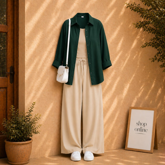 BOTTLE GREEN BUTTON SHIRT WITH BEIGE TANKTOP AND BEIGE FLAPPER