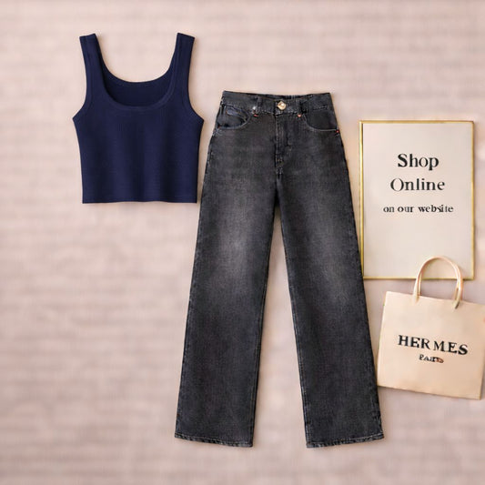 NAVY BLUE TANKTOP WITH MALAYSIAN BLACK WIDE LEG JEANS