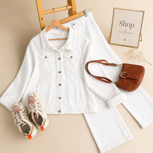 WHITE DENIM JACKET WITH WHITE WIDE LEG JEANS