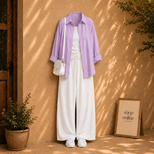 LILAC BUTTON SHIRT WITH WHITE TANKTOP AND WHITE FLAPPER