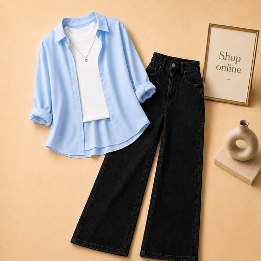 SKY BLUE BUTTON SHIRT WITH WHITE TANKTOP AND BLACK WIDE LEG JEANS (3PCS)