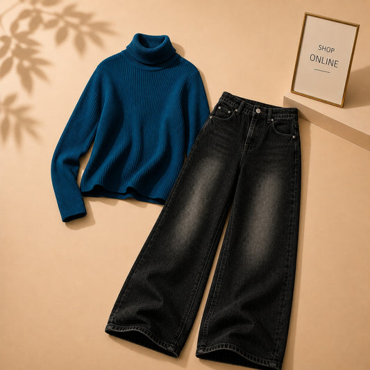 PETROLEUM BLUE HIGH NECK WITH MALAYSIAN WIDE LEG JEANS