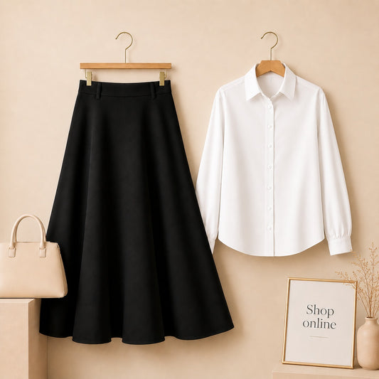 WHITE BUTTON DOWN WITH BLACK SKIRT (Twill)