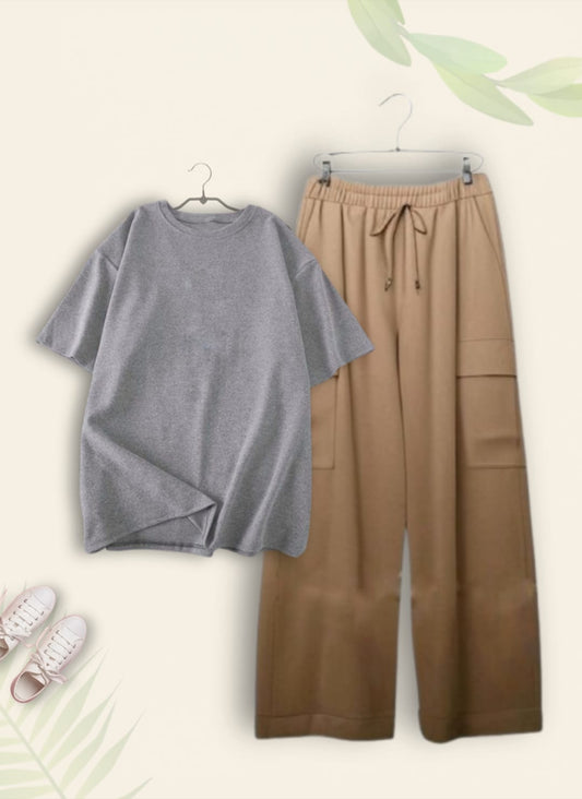PLAIN GREY TSHIRT WITH BEIGE CARGO TROUSER