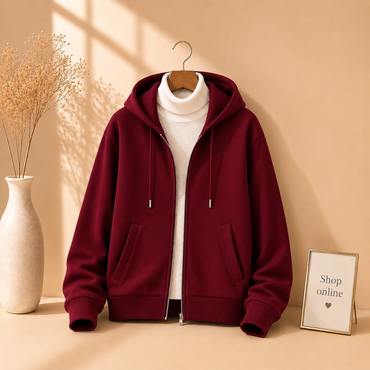 MAROON ZIPPER HOODIE WITH WHITE HINECK