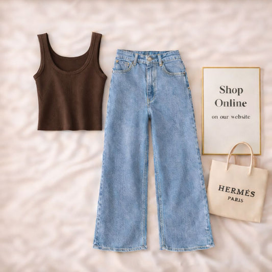 BROWN TANKTOP WITH SKY BLUE WIDE LEG JEANS
