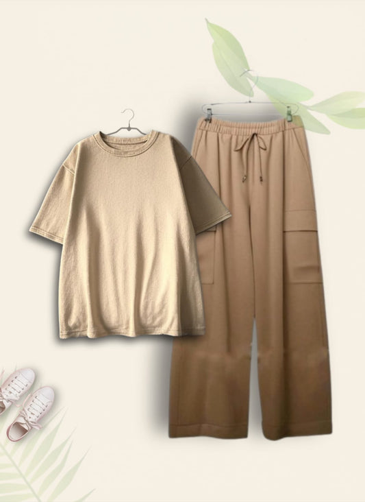 PLAIN CREAM TSHIRT WITH BEIGE CARGO TROUSER