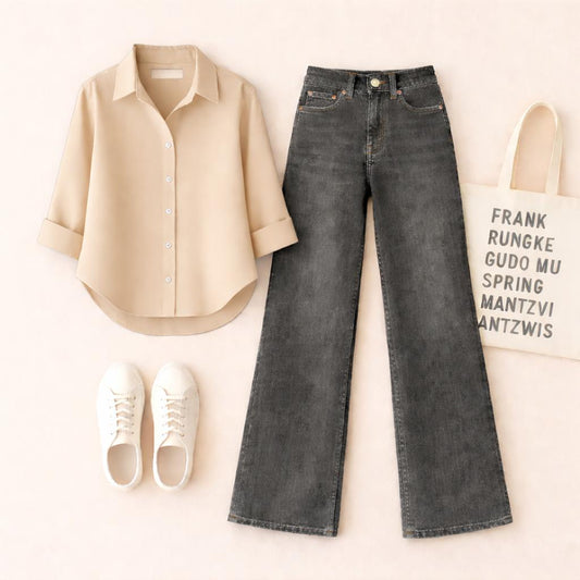 CREAM BUTTON SHIRT WITH MALAYSIAN BLACK WIDE LEG JEANS