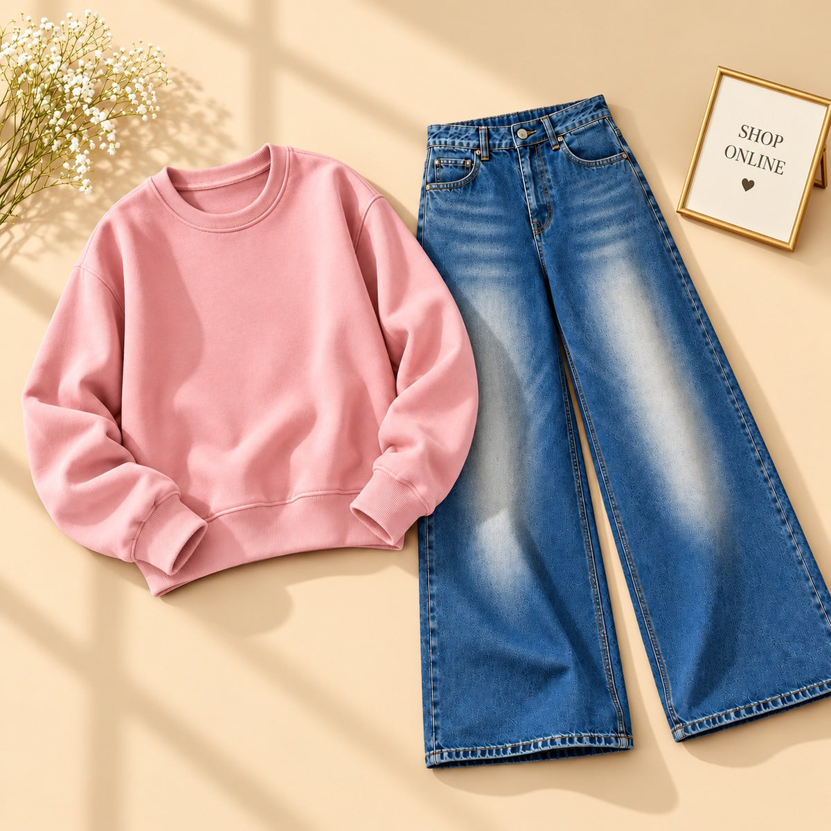 PINK SWEATSHIRT WITH VINTAGE DARK BLUE WIDE LEG JEANS