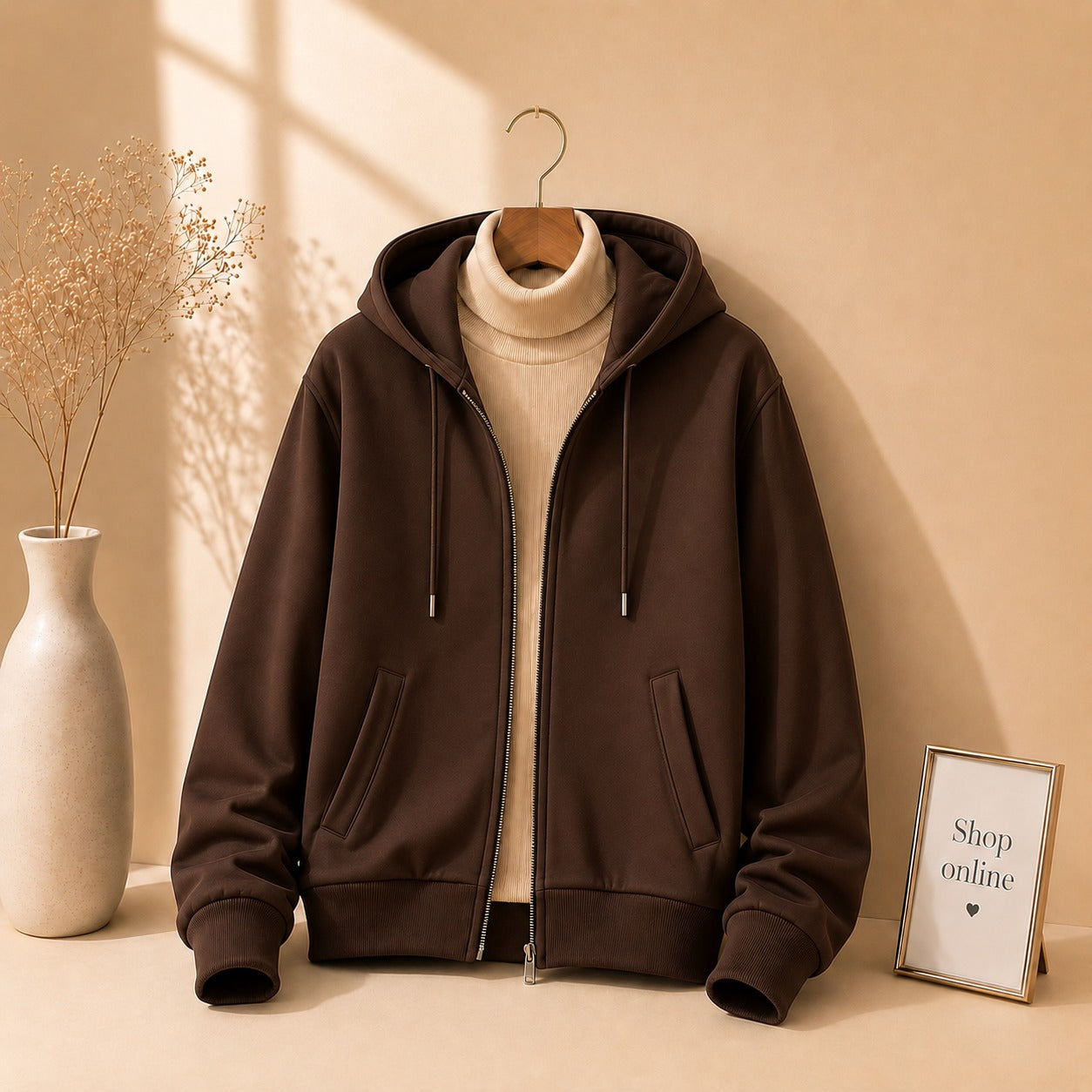 BROWN ZIPPER HOODIE WITH BEIGE HINECK