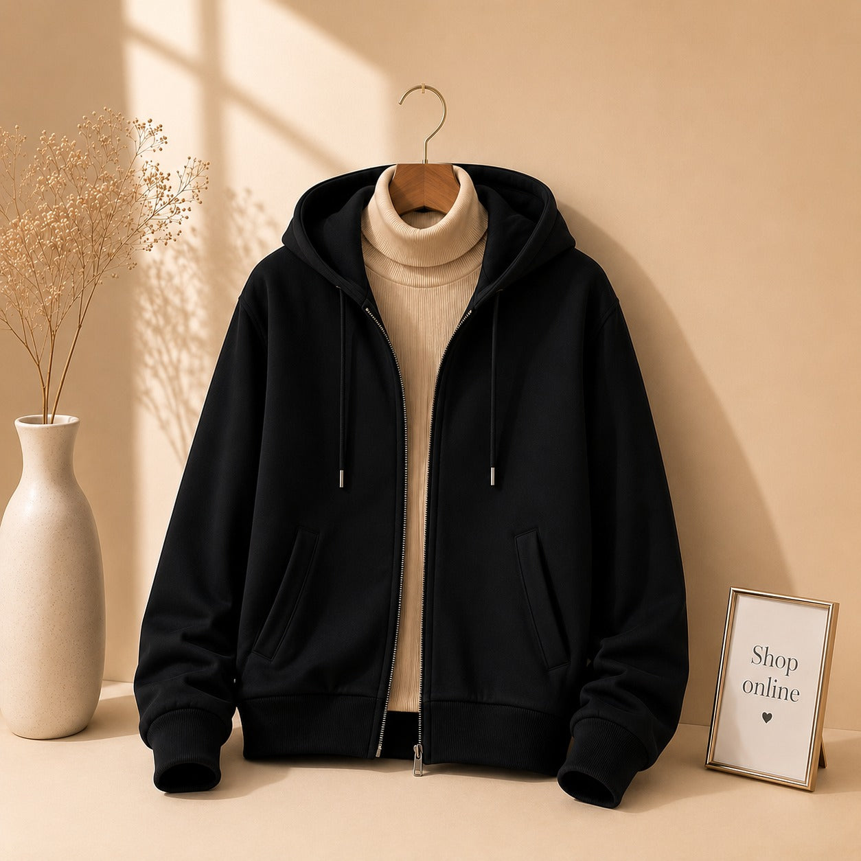 BLACK ZIPPER HOODIE WITH BEIGE HINECK