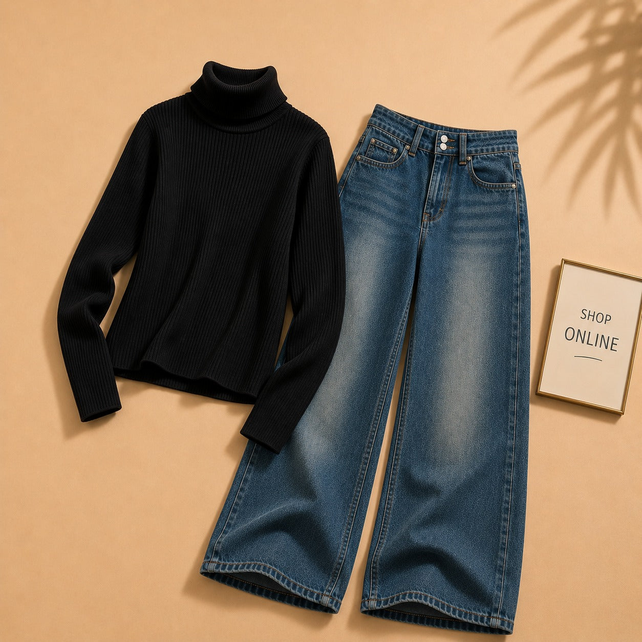 BLACK HIGH NECK WITH DARKISH BLUE WIDE LEG JEANS