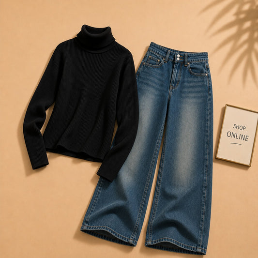 BLACK HIGH NECK WITH DARKISH BLUE WIDE LEG JEANS