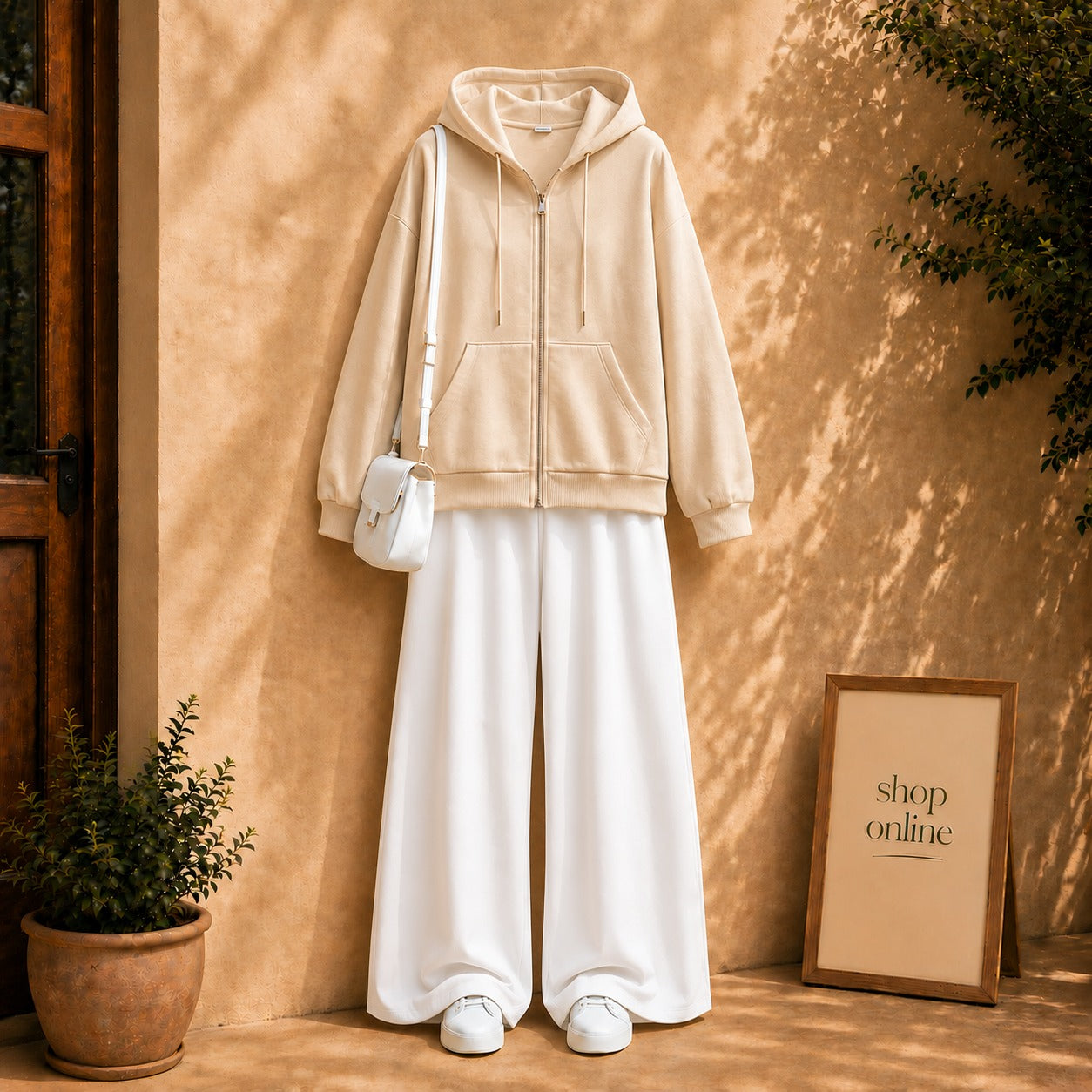 BEIGE ZIPPER HOODIE WITH WHITE FLAPPER