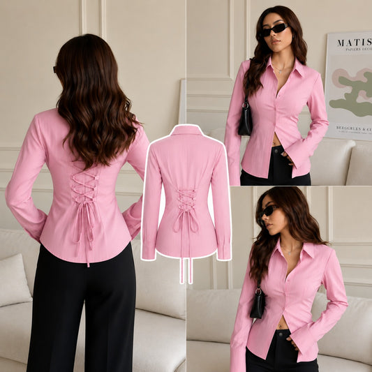 PINK FITTED BUTTON SHIRT ( CORSET BACK)