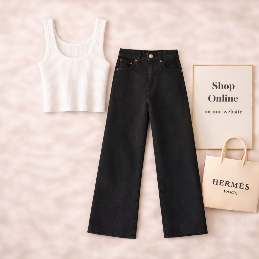 WHITE TANKTOP WITH BLACK WIDE LEG JEANS