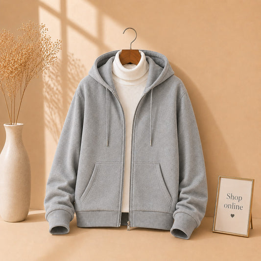 GREY ZIPPER HOODIE WITH WHITE HINECK