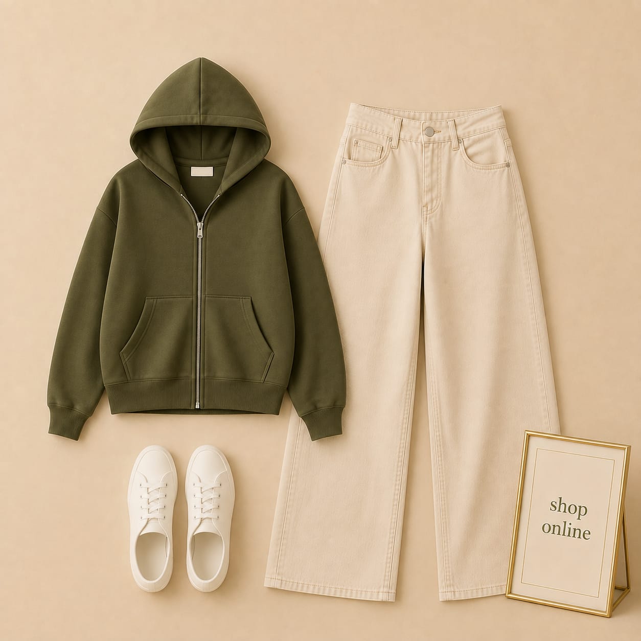 OLIVE GREEN ZIPPER HOODIE WITH BEIGE WIDE LEG JEANS