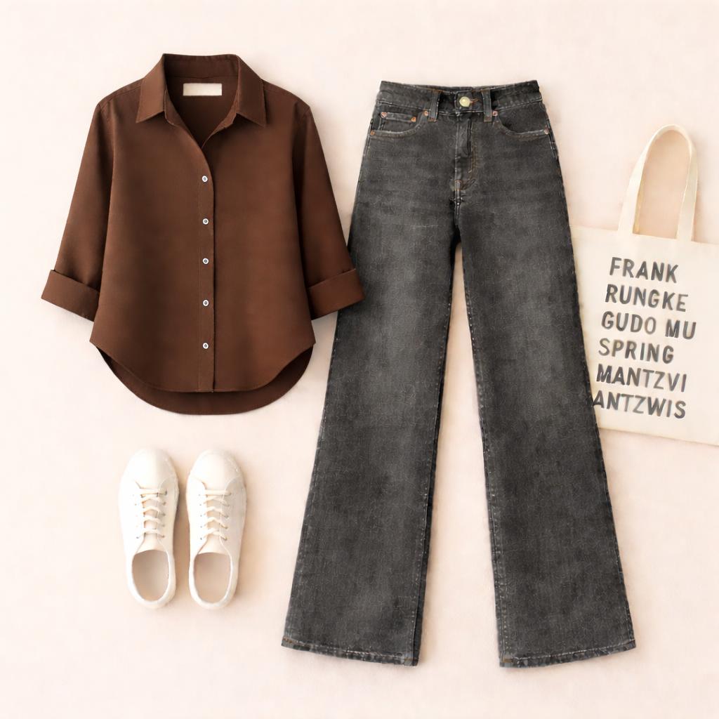 BROWN BUTTON SHIRT WITH MALAYSIAN BLACK WIDE LEG JEANS