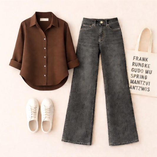 BROWN BUTTON SHIRT WITH MALAYSIAN BLACK WIDE LEG JEANS