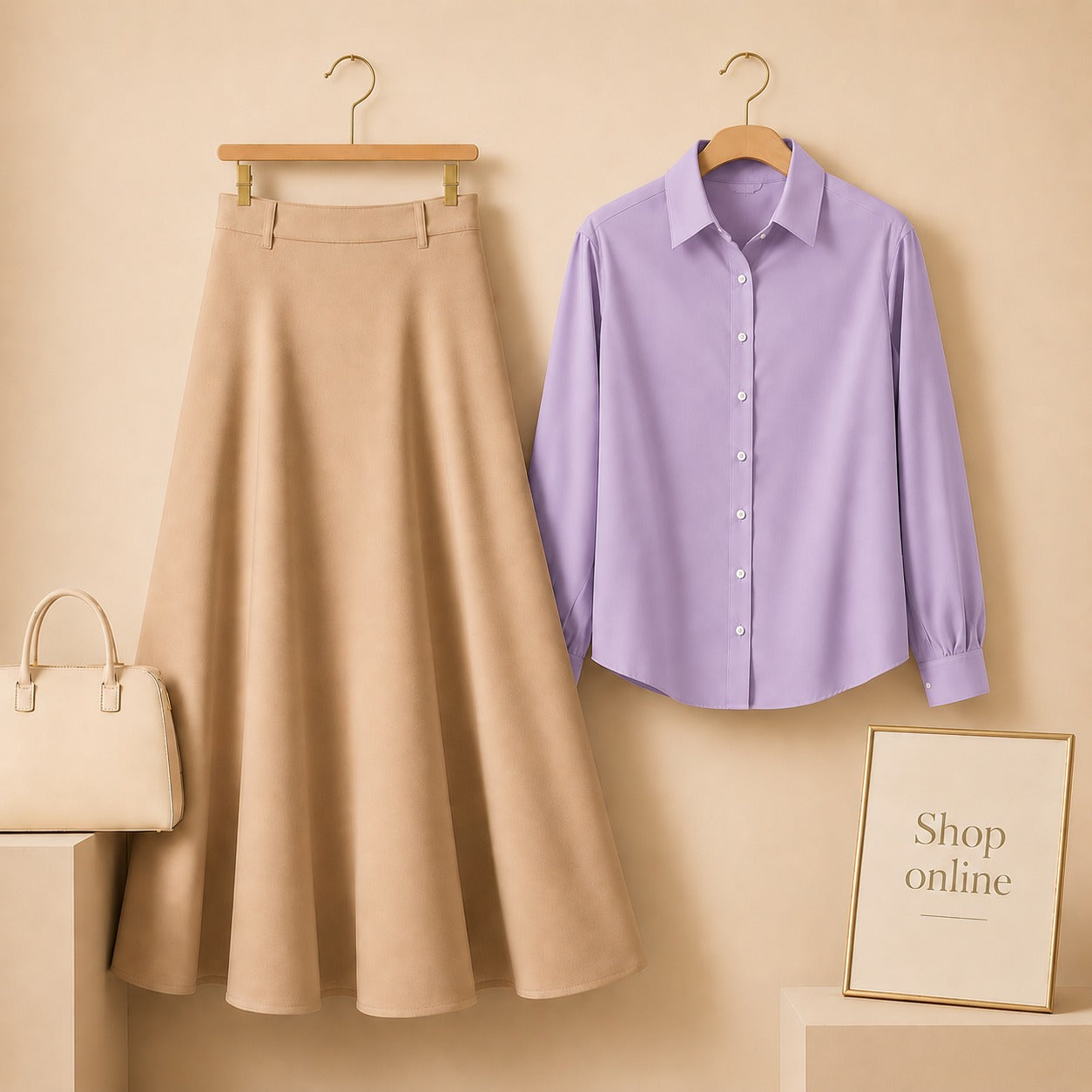 LILAC BUTTON DOWN WITH BEIGE SKIRT(Twill)