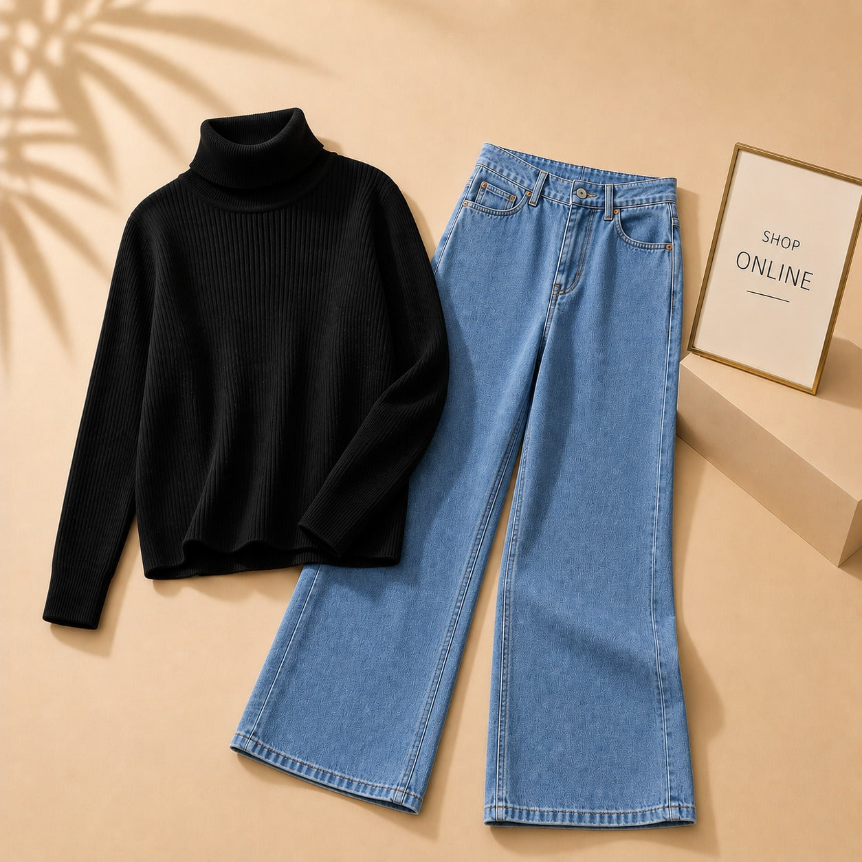BLACK HIGH NECK WITH MID BLUE WIDE LEG JEANS