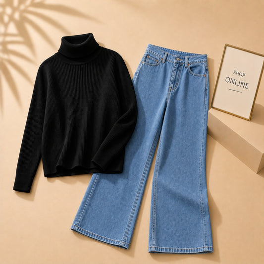 BLACK HIGH NECK WITH MID BLUE WIDE LEG JEANS