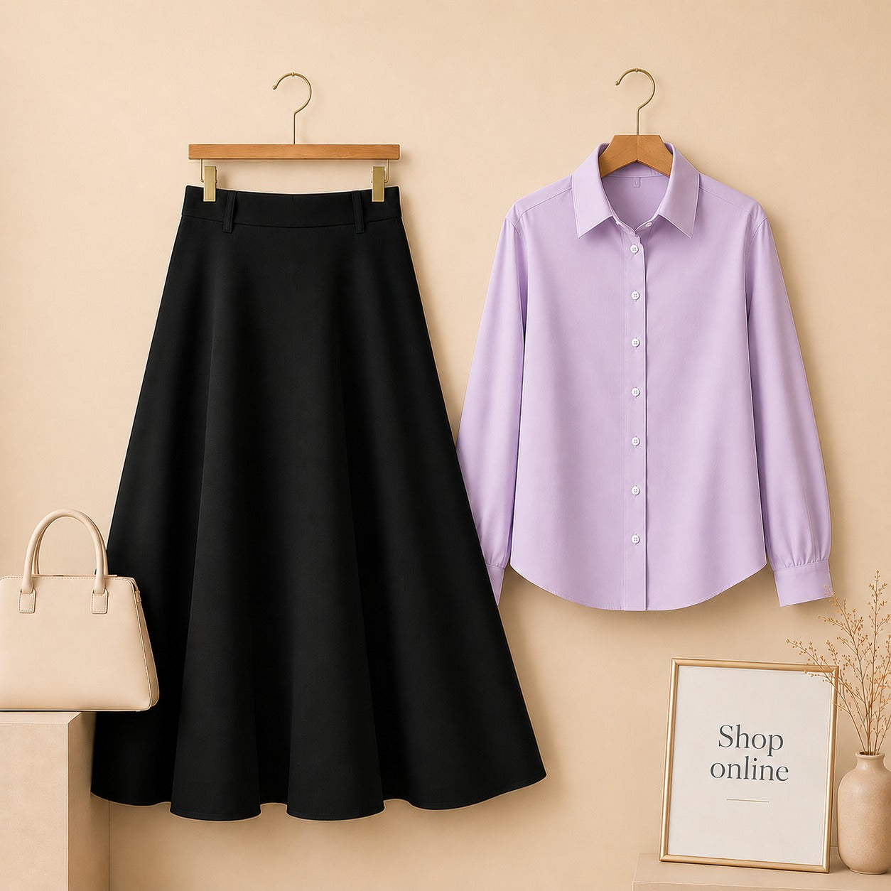 LILAC BUTTON DOWN WITH BLACK SKIRT(Twill)