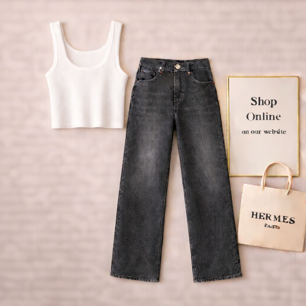 WHITE TANKTOP WITH MALAYSIAN BLACK WIDE LEG JEANS