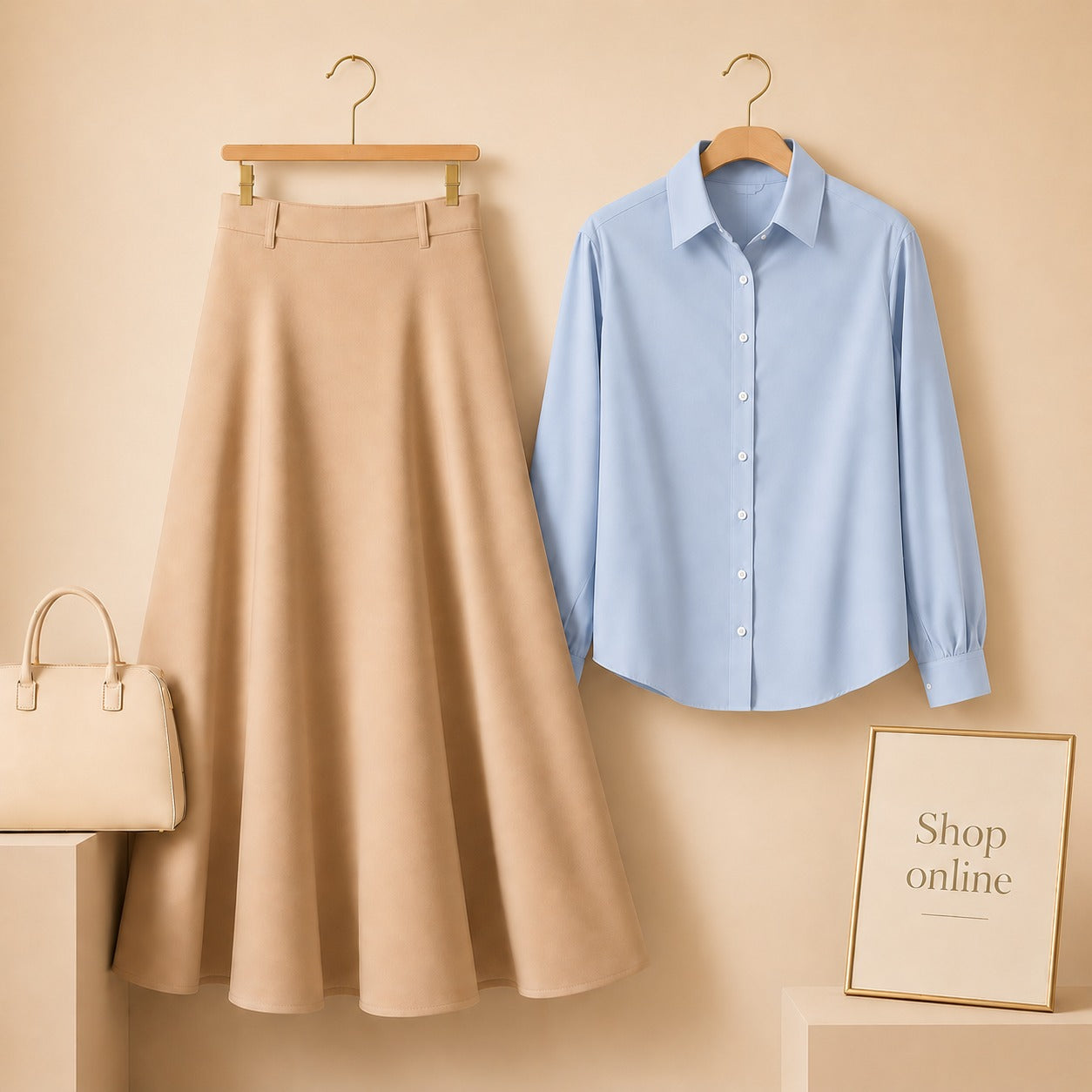 SKY BLUE BUTTON DOWN WITH BEIGE SKIRT (Twill)