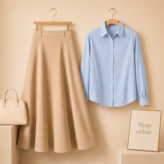 SKY BLUE BUTTON DOWN WITH BEIGE SKIRT (Twill)
