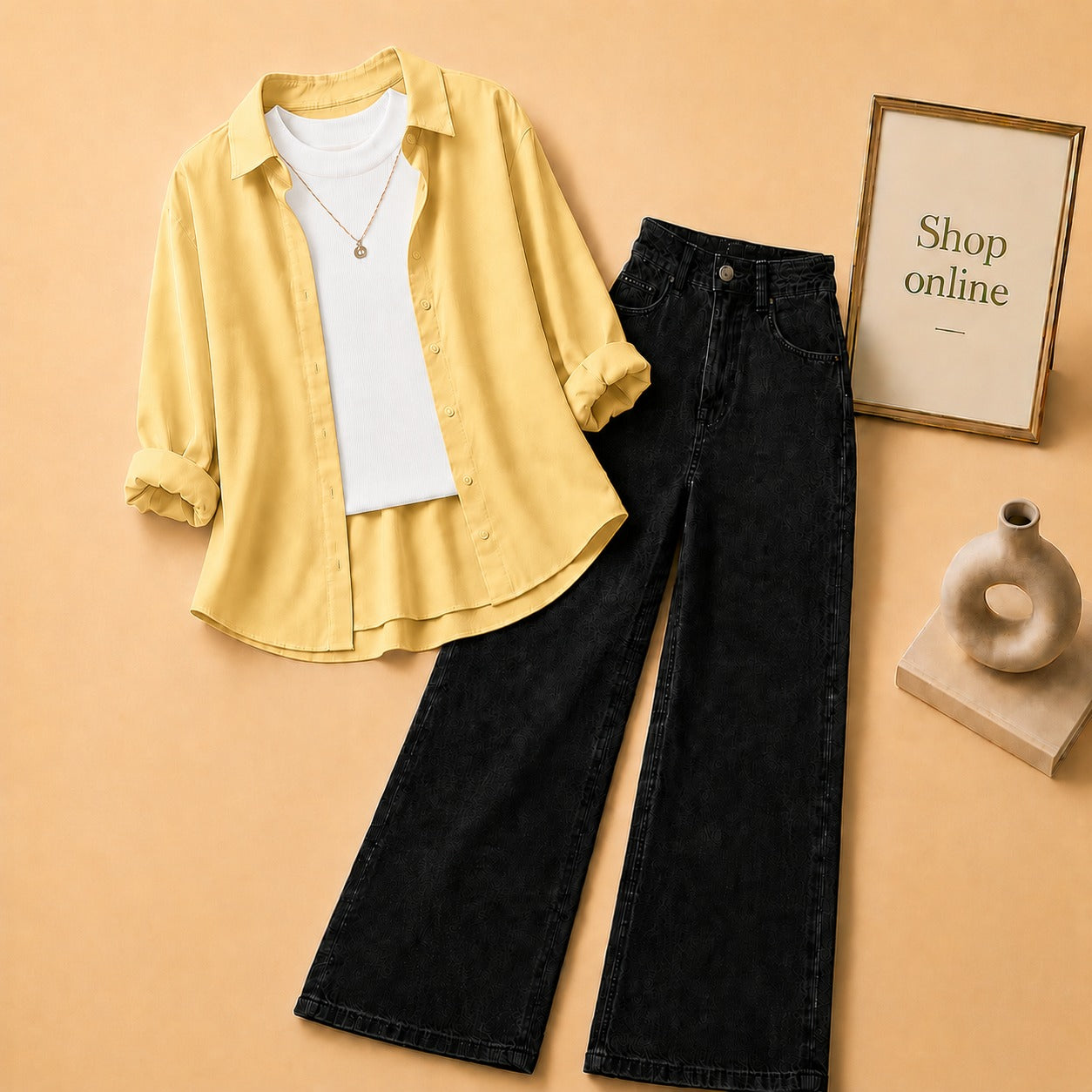 YELLOW BUTTON SHIRT WITH WHITE TANKTOP AND BLACK WIDE LEG JEANS (3PCS)