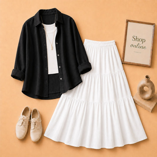 BLACK BUTTON SHIRT WITH WHITE TANKTOP AND WHITE 3 TIER SKIRT