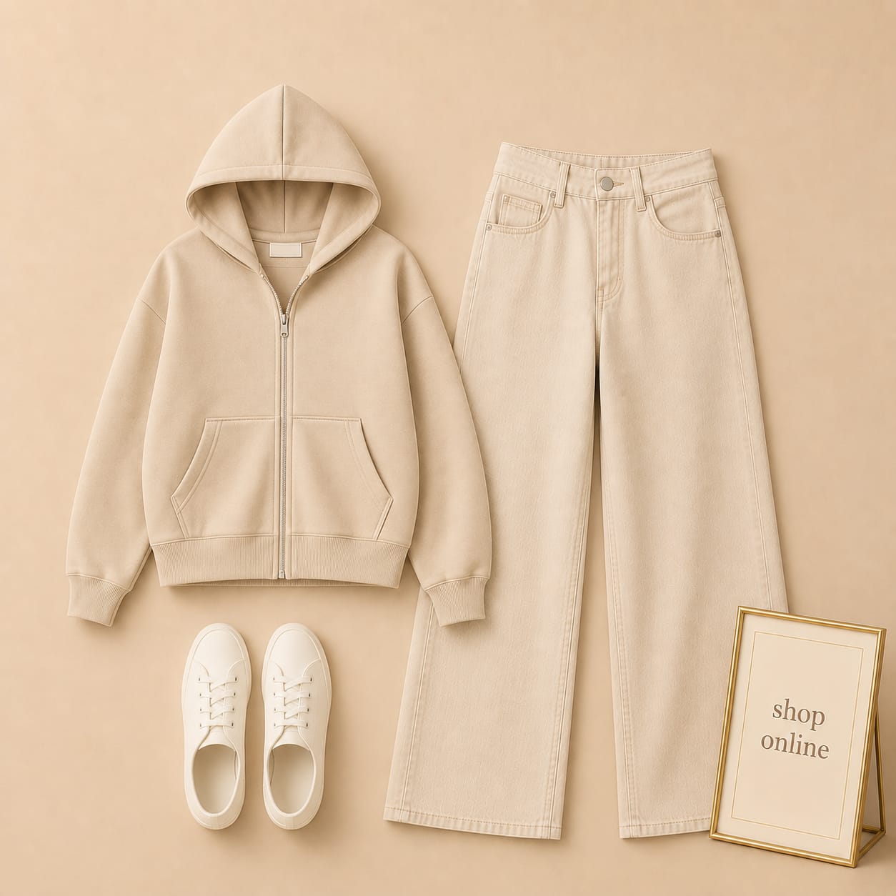 BEIGE ZIPPER HOODIE WITH BEIGE WIDE LEG JEANS