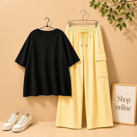 BLACK DROP SHOULDER WITH BEIGE CARGO TROUSER