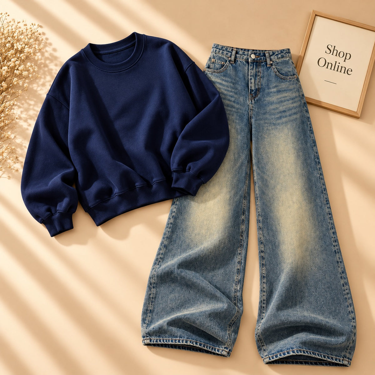 NAVY BLUE SWEATSHIRT WITH VINTAGE SKY BLUE WIDE LEG JEANS