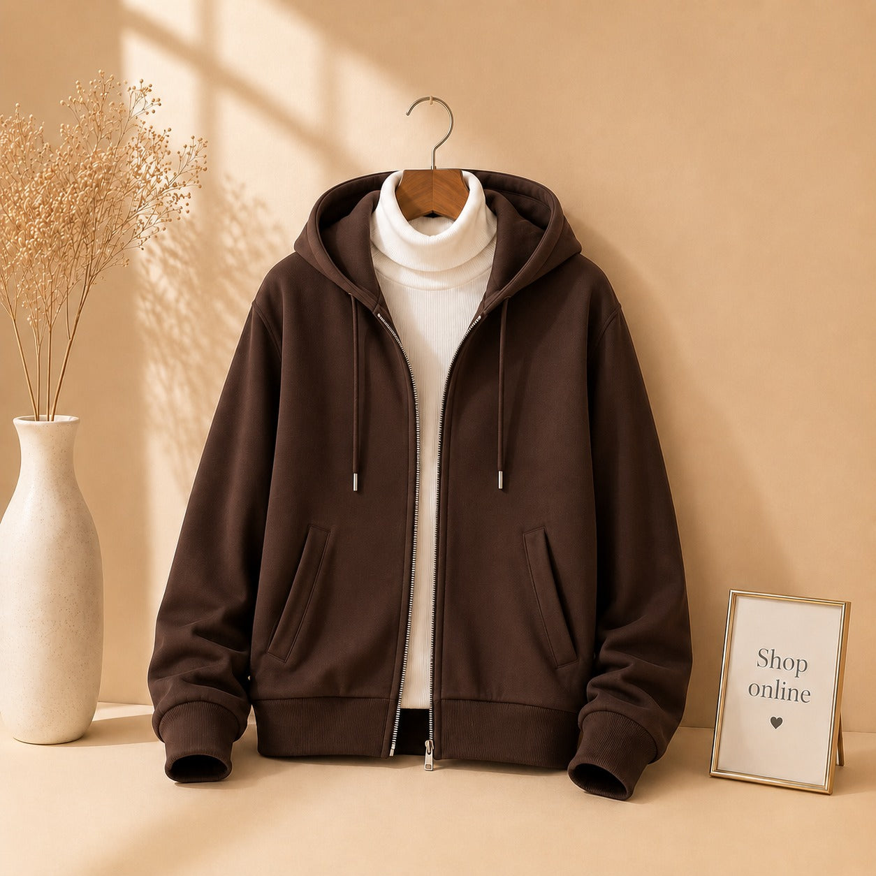 BROWN ZIPPER HOODIE WITH WHITE HINECK